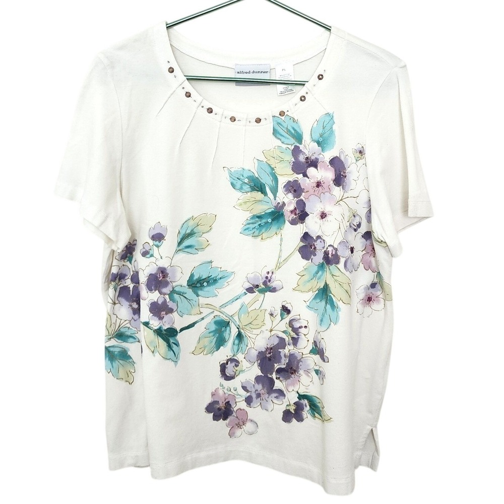 ⭐️ Alfred Dunner Petite Floral Embellished Short Sleeve Top White PL Watercolor